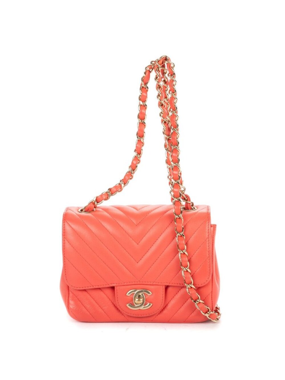 Chanel CC Timless Chain Crossbody Coral Pink Chevron Lambskin